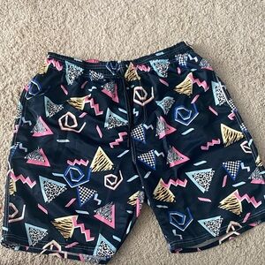 80s Themed Geometric Patterned Black Men Swim Trunks with Liner